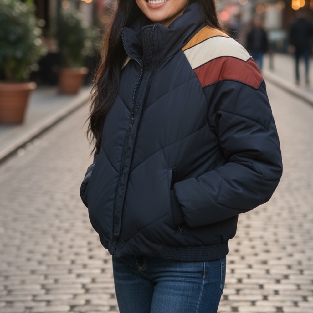 [S]Free People Navy Puffer Jacket Color Block Accent